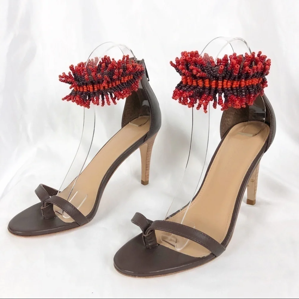 Ulla Johnson Kassia Beaded Open Round Toe Sandal Heels Size 37 Brown Red Summer - Picture 3 of 8